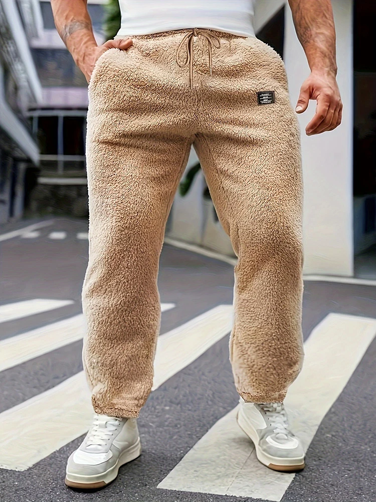 빈티지 퍼리 코지 플리스 스웨트팬츠 남성용 가을 겨울 데일리 캐주얼 솔리드 컬러 플리스 남성 바지 패션 드로스트링 팬츠