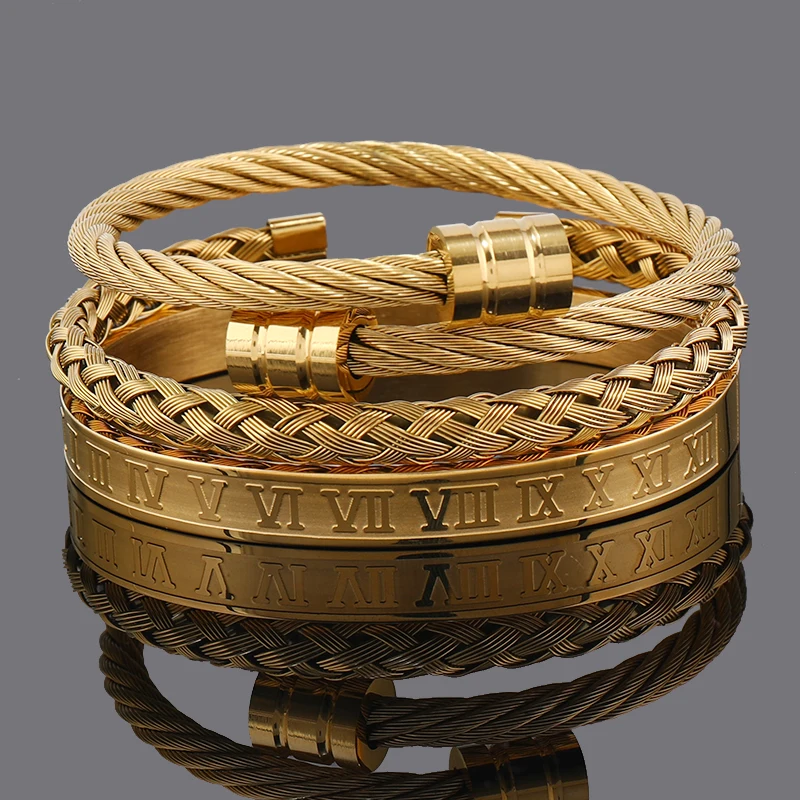 3pcs Luxury Stainless Steel Man Bracelet Set Roman Number