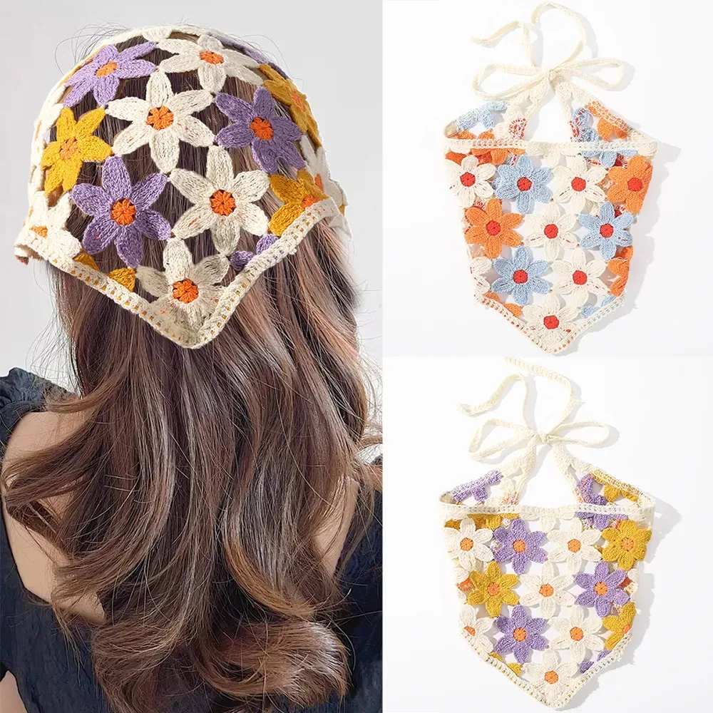 

Elastic Knitted Triangle Scarf Cute Hollow Flower Crochet Knitted Headband Headwrap Hair Accessories Girl