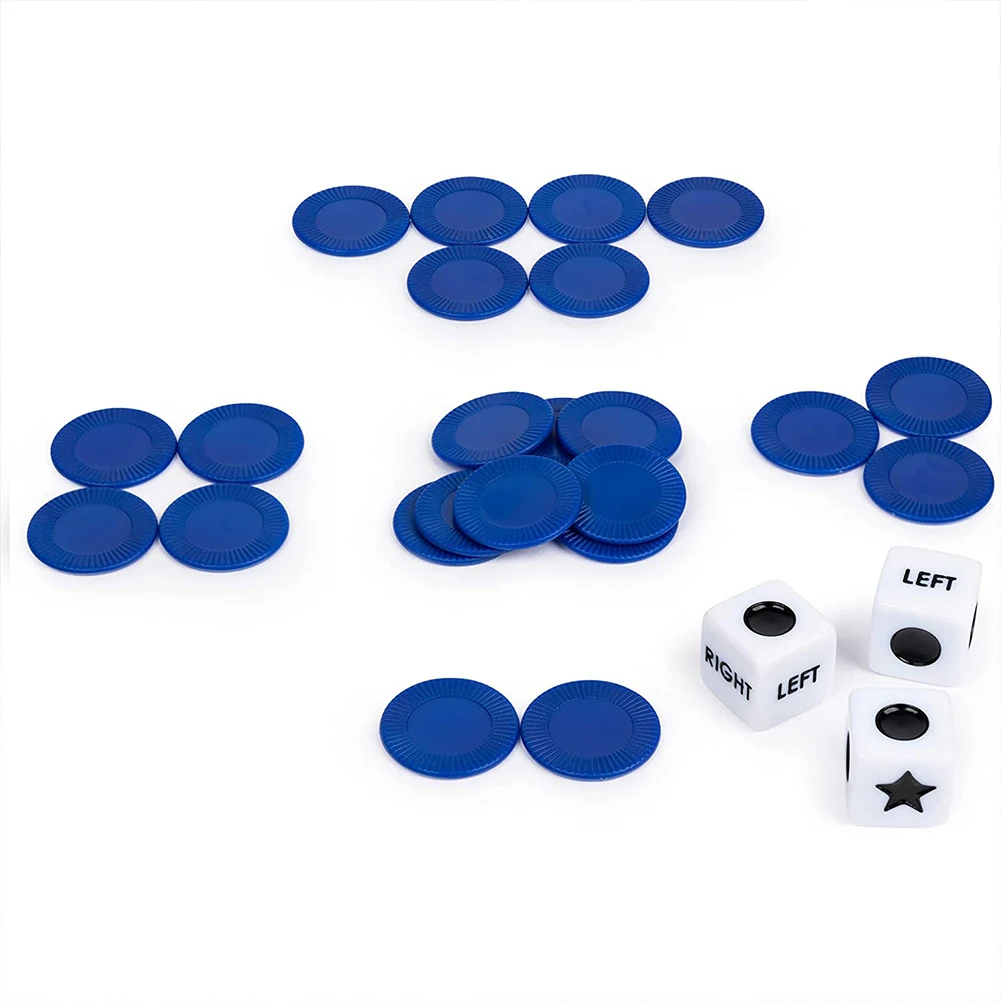 27pcs Left Right Center Dice Game 3 Dices and 24 Chips Fun Interactive Dice Games Portable Novelty Toys for Party Picnic Games