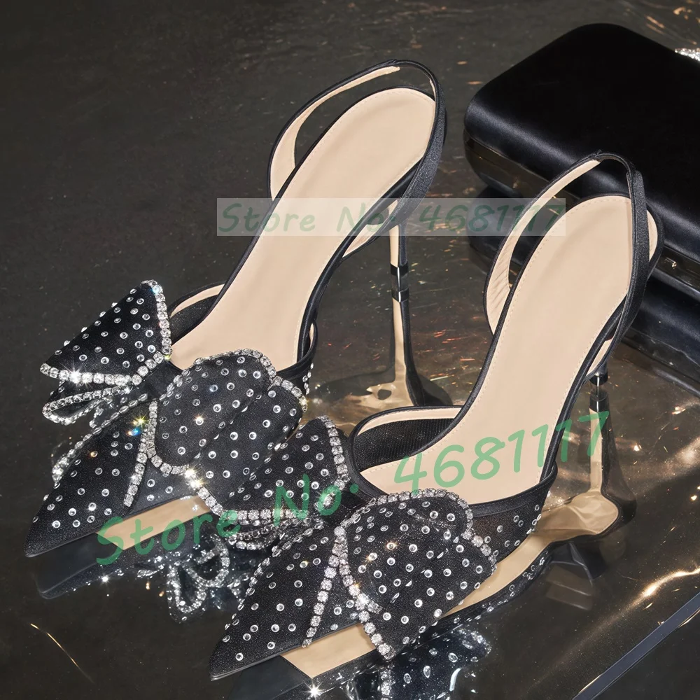 Crystals Mesh Bow Pointed Toe Sandals Women Luxury Lovely Slingback Stiletto Sandals Summer Elegant Ladies Party Satin Shoes