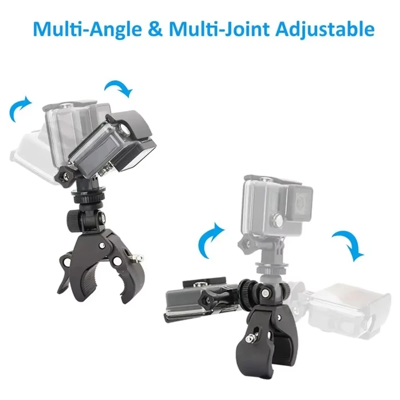 Support de guidon pour caméra d'action installé sur un guidon de moto, prêt à filmer en rotation