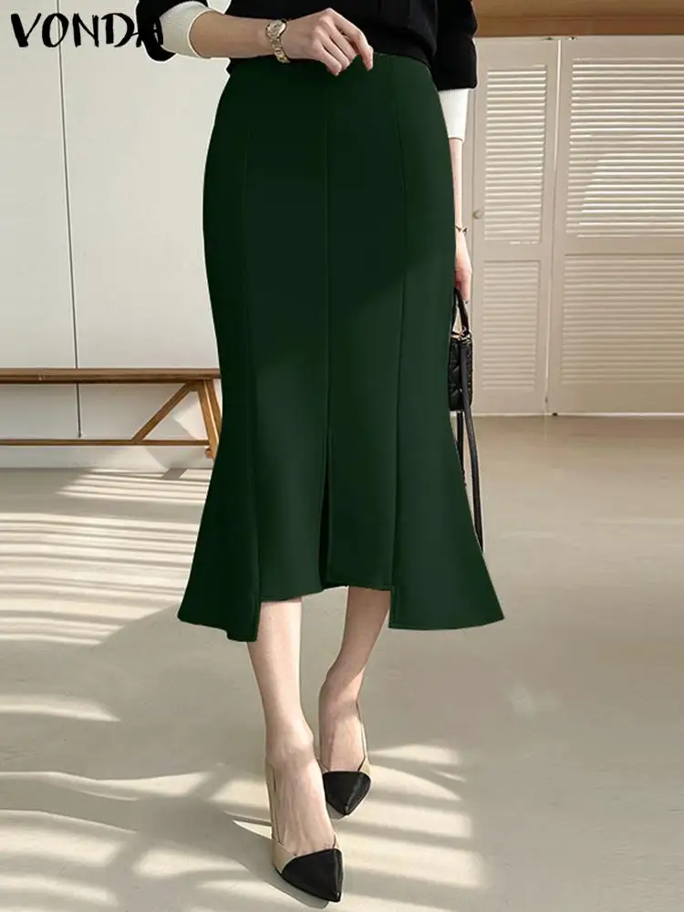 

VONDA Summer Elegant Office Skirts Women Fashion High Waist Party Midi Bottoms 2023 Casual Solid Irregular Hem Fishtail Skirts