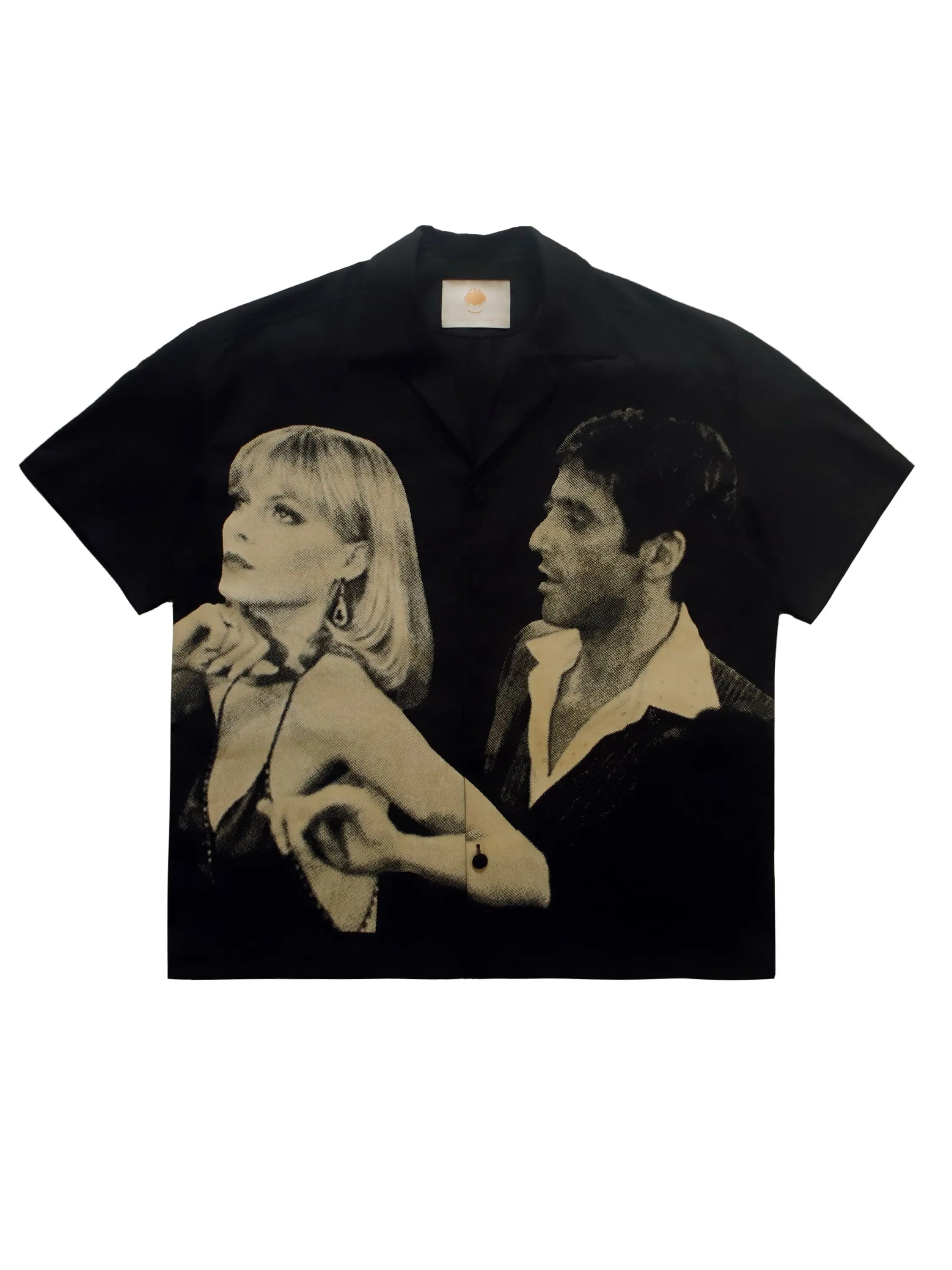 Scarface movie themed portrait print American retro elegant design sense trendy short-sleeved floral blouse  men clothing  y2k