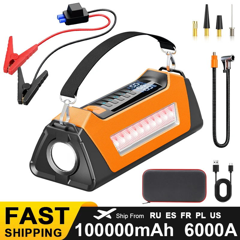

6000A Car Jump Starter Air Compressor Pump Charger Battery Starting Device Powerbank 12v Portable Booster Tire Inflator Starters