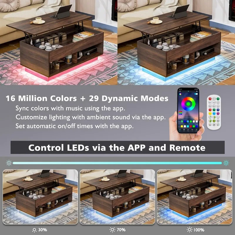 Lift Top Coffee Table with Hidden Storage LED Coffee Table Dark Walnut Living Room 3 Tiers Tea Table with Storage Center Tables. 4