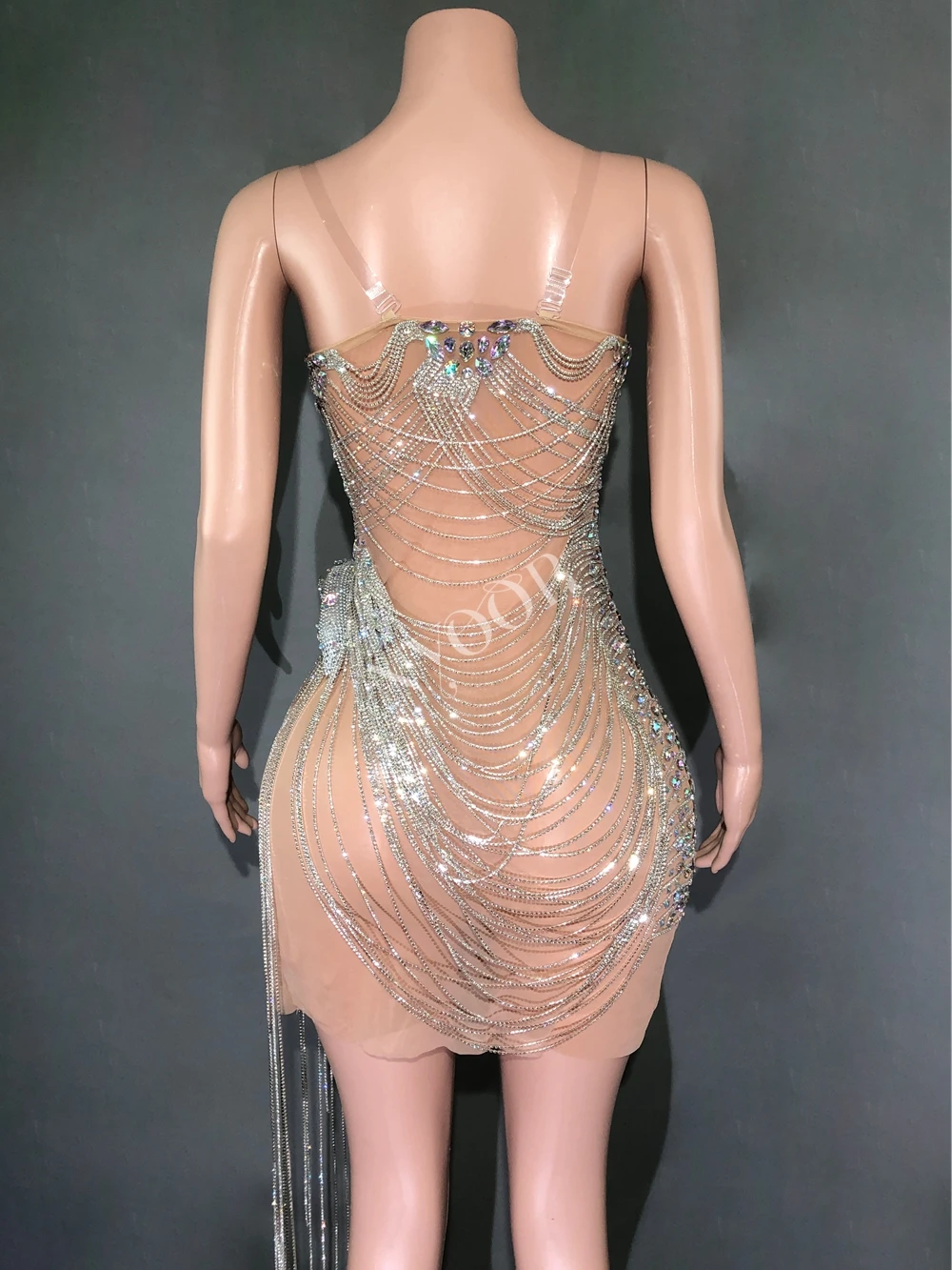 Rhinestones Dress Women Sparkly Rhinestones Chains Sexy See Through Evening Prom Dress Photography Show Stage Wear