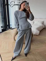 Ensemble tailleur-pantalon chic 2 pièces pour femme, haut uni à manches longues et col rond, veste plissée cintrée à la taille, pantalon large, collection Printemps 2026 2