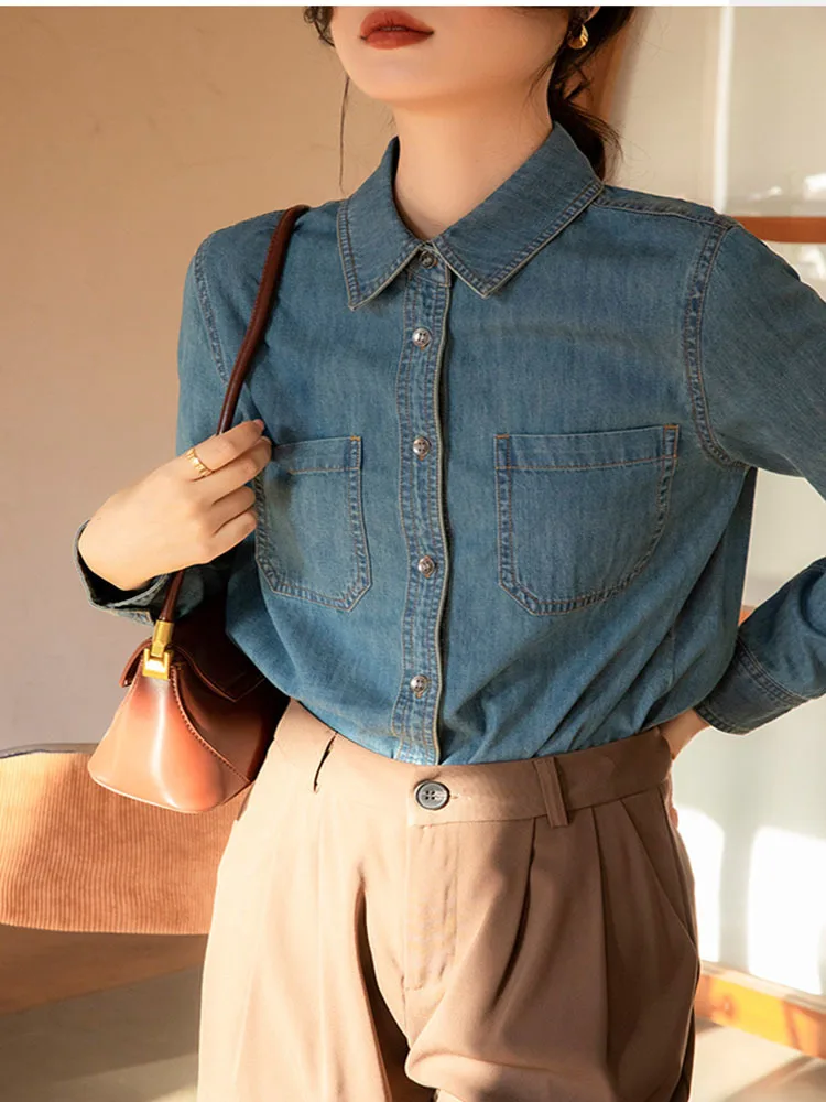 

Рубашка женская джинсовая с V-образным вырезом, мягкая Свободная Повседневная сорочка из денима в Корейском стиле, длинная Штабелируемая, голубая, на весну-осень