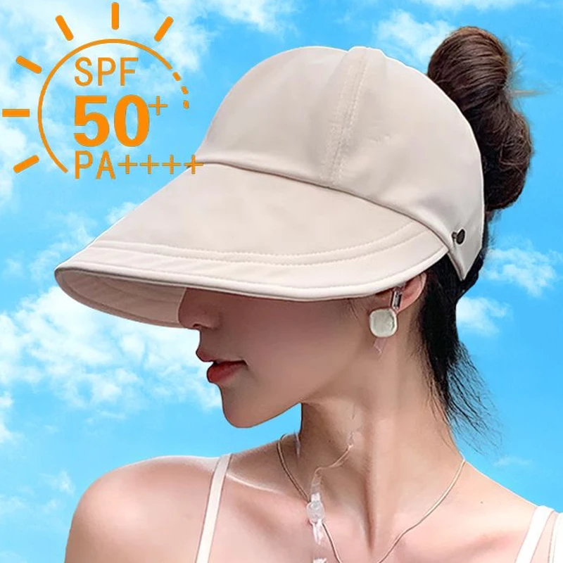 Women Summer Wide Brim Foldable Adjustable Outdoor Beach Bucket Hat UV Protection Visors Fisherman Ponytail Caps