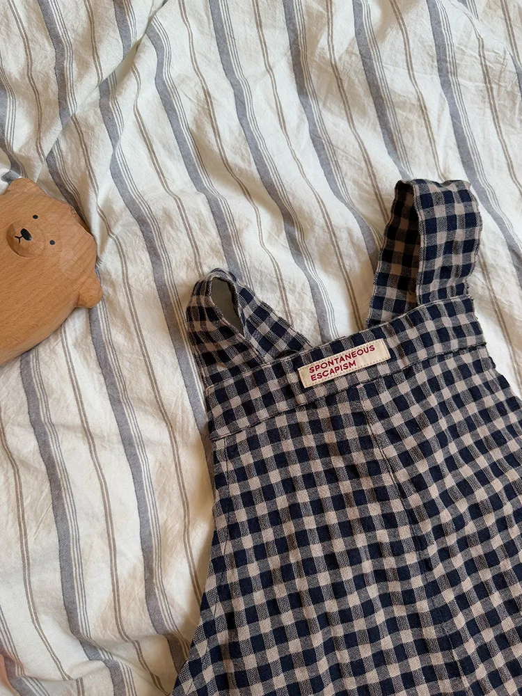 2025 Spring New Children Plaid Overalls Cotton Boys Thin Casual Pants Breathable Baby Girls Loose Strap Trousers Kids Clothes