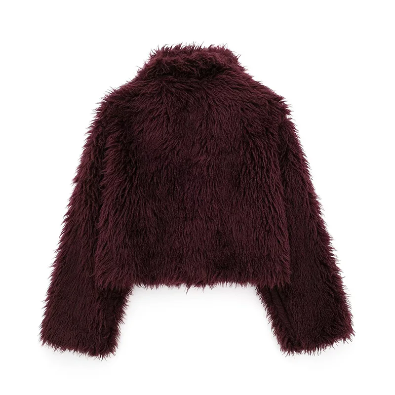 Koekop Women's Fashion Burgundy Asymmetric Thick Collar Fur Coat Vintage Casual Chic Temperament Lady Short Jacket 3