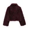 Koekop Women's Fashion Burgundy Asymmetric Thick Collar Fur Coat Vintage Casual Chic Temperament Lady Short Jacket 3