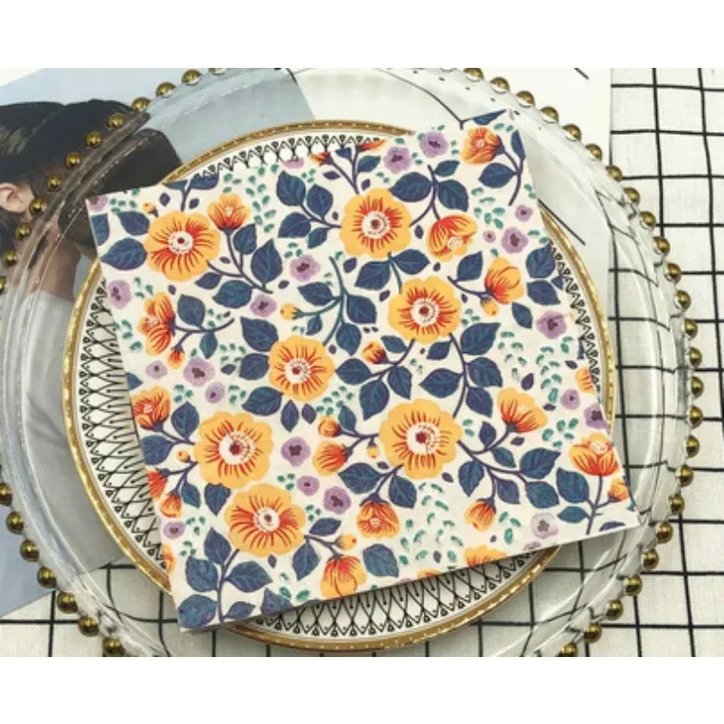 Paper Napkins Tissue Paper Decoration Colorful Printed Orange Flower 2 Layers 20pcs 33cm