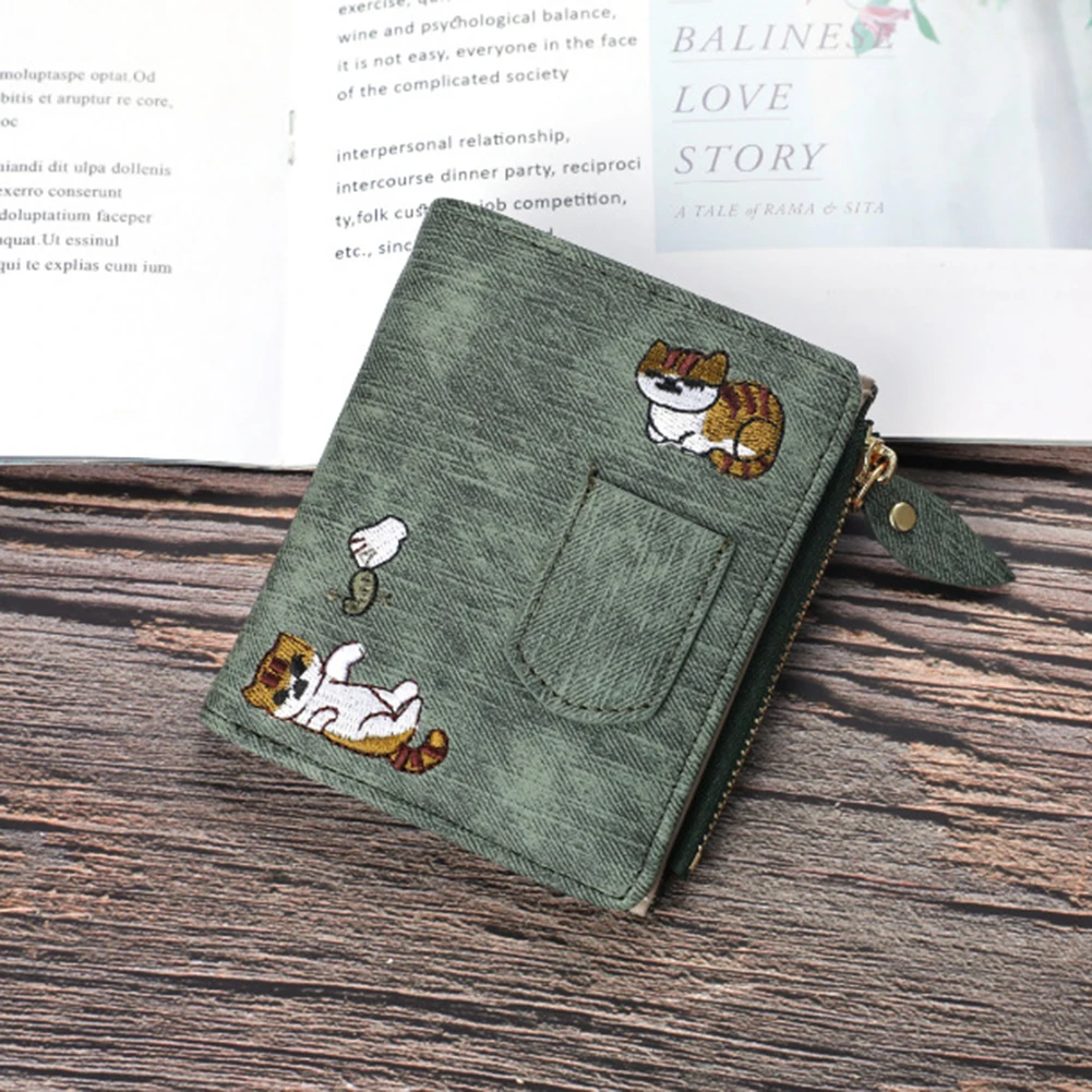 데님지갑 Denim Style Cat Embroidered Short Wallet Multi-Purpose Large Capacity Purse For Bag Shoulder Bag Cartera De Mezclilla 2