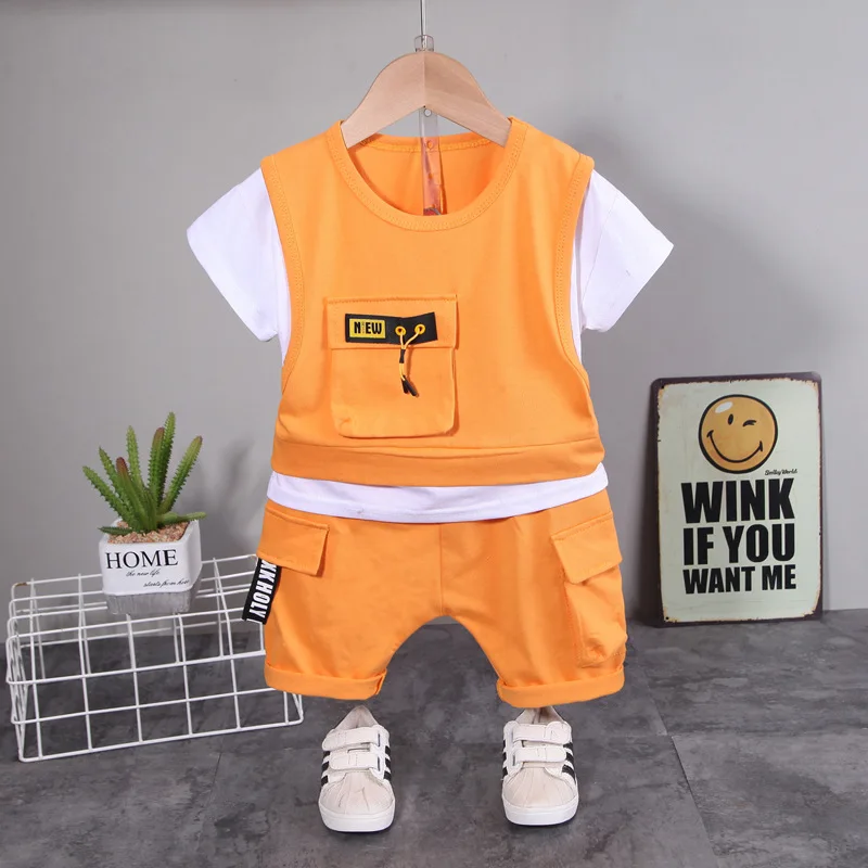 Fashion Summer Children Patchwork Clothes Baby Boy Girl Pocket T Shirt Shorts 2Pc/Set Toddler Casual Sportswear Kids Tracksuits orange
