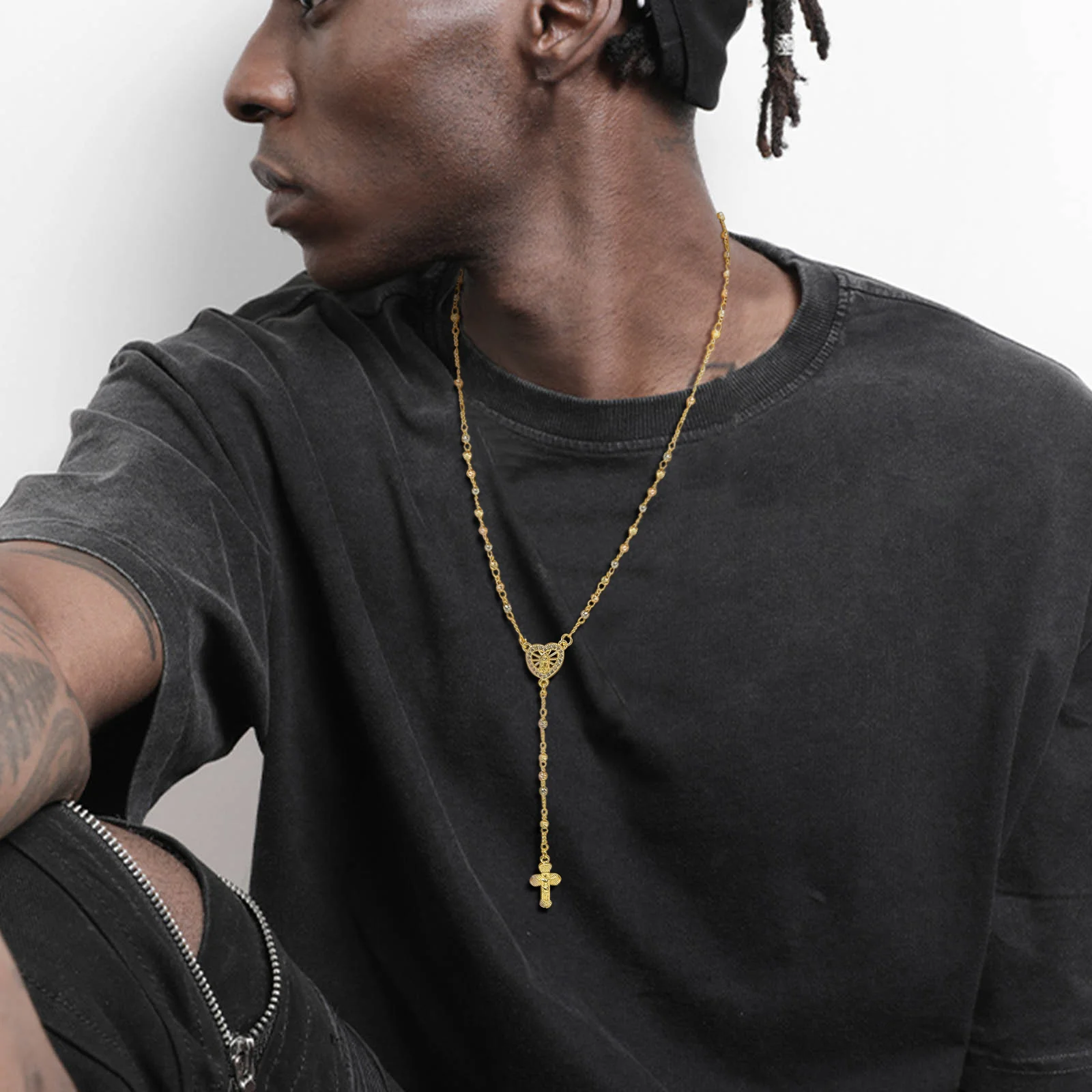 Vnox Virgin Mary Heart Rosary Necklaces for Women Men, Gold