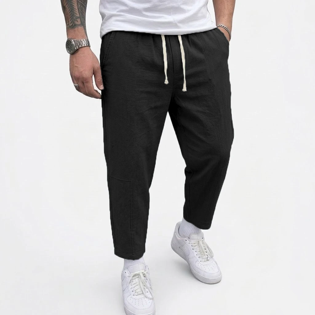Mens Summer Solid Linen Cotton Blend Trousers Breathable Lightweight Casual Pants Loose Baggy Fit Beach and Sport Pants for Men