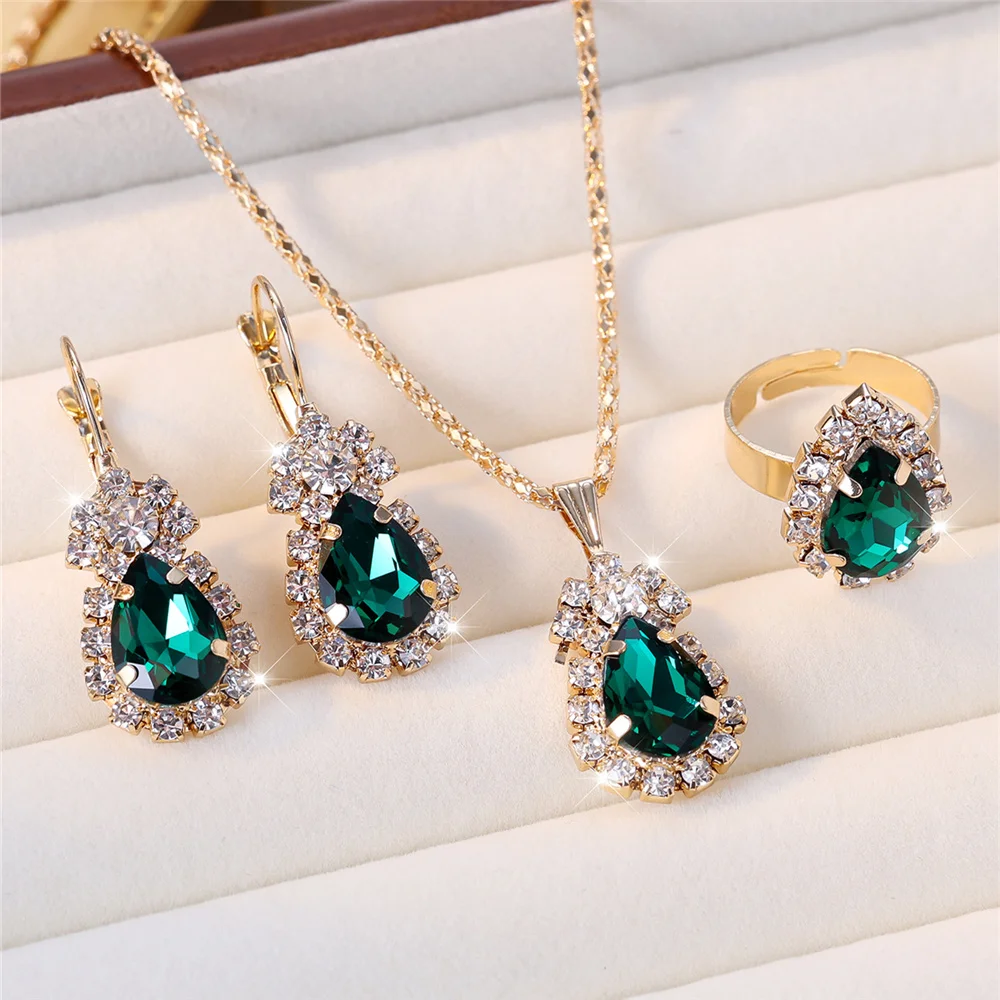 GZWHD 女性用ジュエリーセット ウォータードロップ キュービックジルコニア 人工クリスタルイヤリング ペンダント ネックレス オープンリング テニ