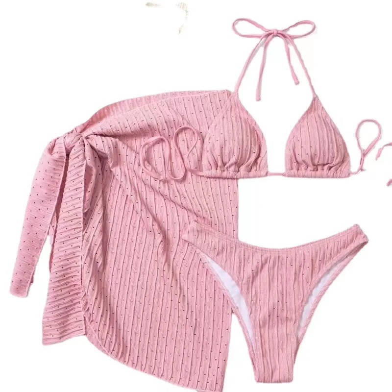 2023 New 3 Pieces Set Swimsuit Women Thong Swimwear Sexy Micro Bikini Set With Sarong Skirt White Beachwear Bathing Suit Pink