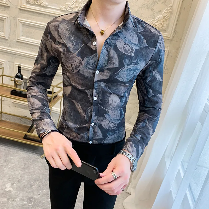 

Spring new men's broken flowers long sleeve shirt nightclub spirit guy style vintage pattern slim fit long sleeve shirt