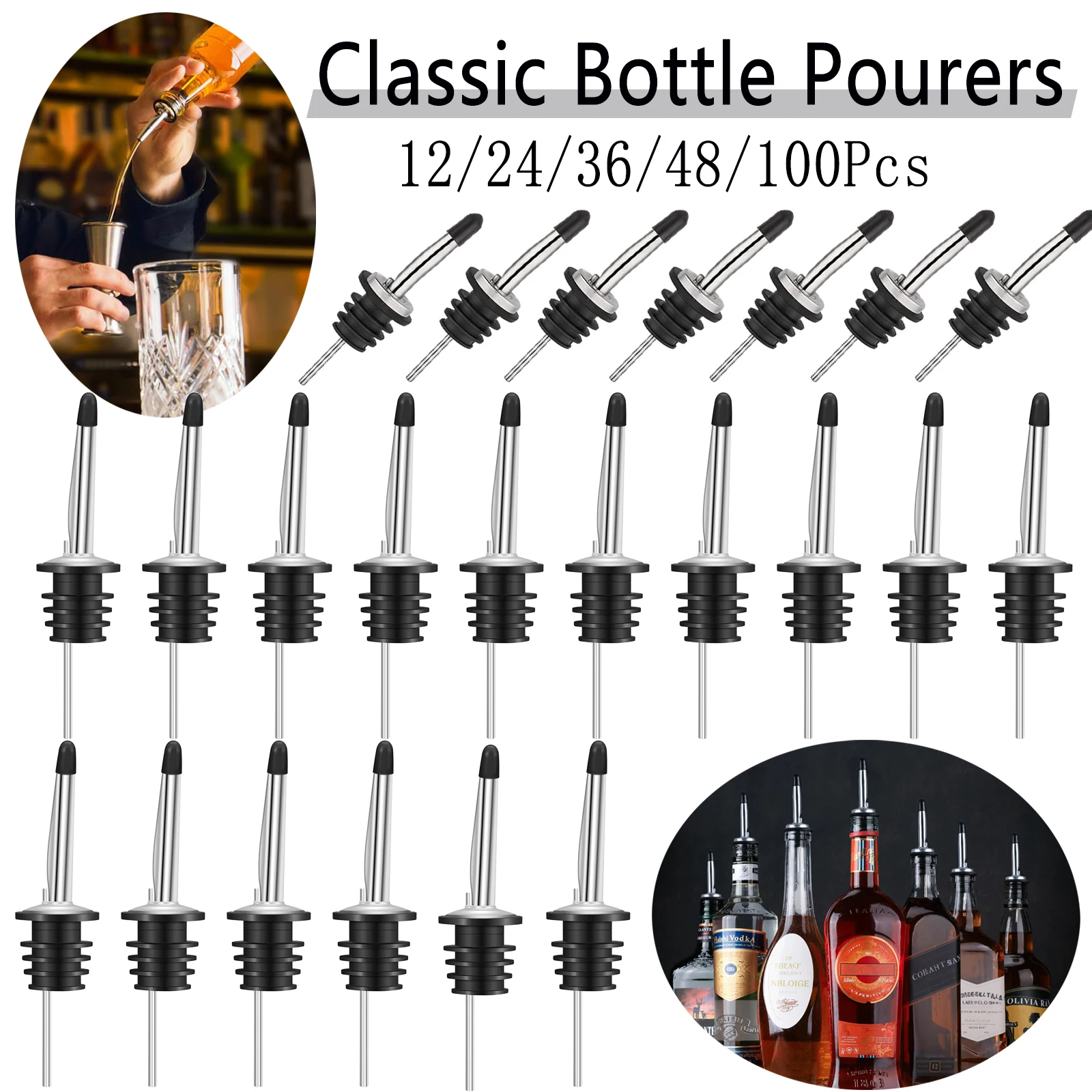 12-100Pcs Bottle Pourers Stainless Steel Liquor Spout Wine Bottle Stopper Rubber Dust Caps Olive Oil Bar Accessories