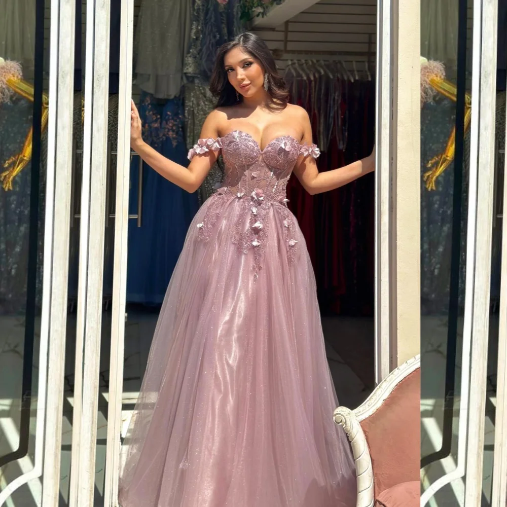 

Prom Dress Jersey Applique Flower Beading Sequined Celebrity A-line Off-the-shoulder Bespoke Occasion Gown Long Dresses