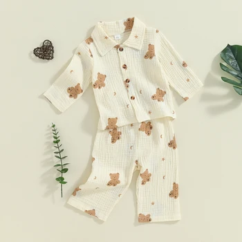 MISOWMNJOY Long Sleeve Toddler Sleepwear for Girl Boy Fall Winter Pajamas Set Bear Print Lapel Button Tops Pants Kids Loungewear