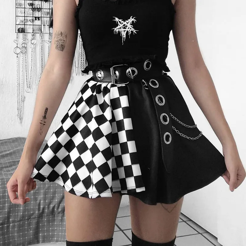 

Gothic High Waist Women Pleated Mini Skirt Patchwork Checkerboard A-line Skirts Female Party Outfits Harajuku Punk Streetwear