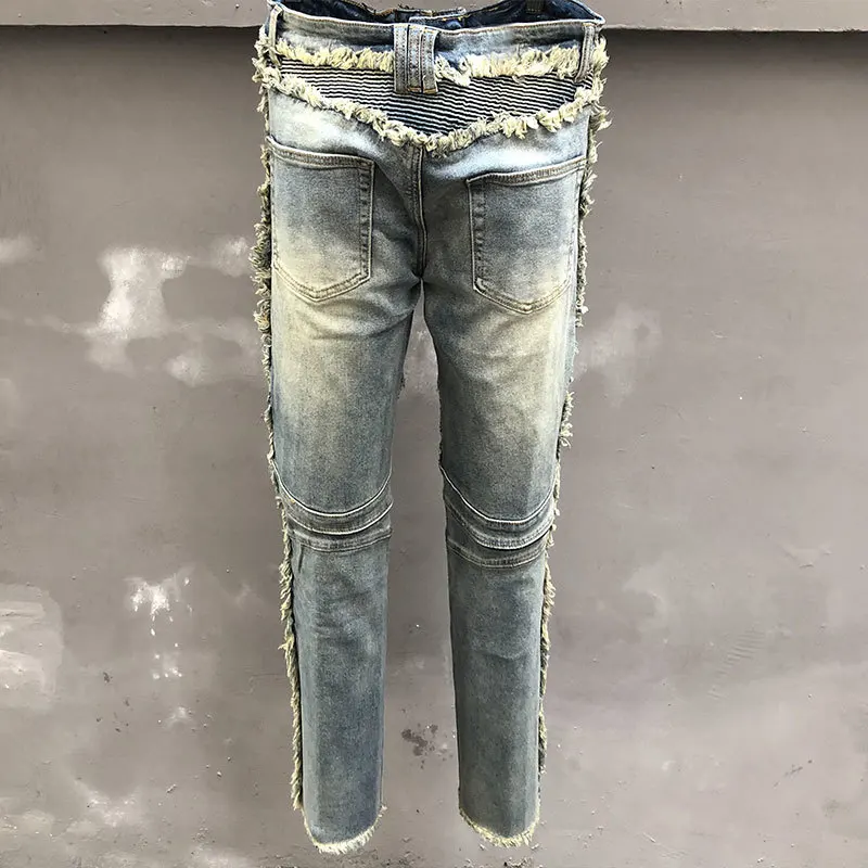 High Street Slim Fit Straight Patchwork Pants For Big Tall Mens Jeans Men Vintage Washed Denim Biker Jeans