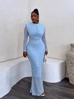 Chic and Elegant Women’s Evening Dress Mesh Draped Collar Long Sleeve Bodycon Mid Dress Slim High Waisted Sexy Ladies Dress
