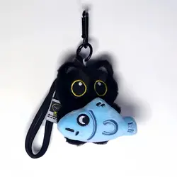 Adorable Black Big - Eyed Plush Cat Keychain and Backpack Accessory (Blue fish)
