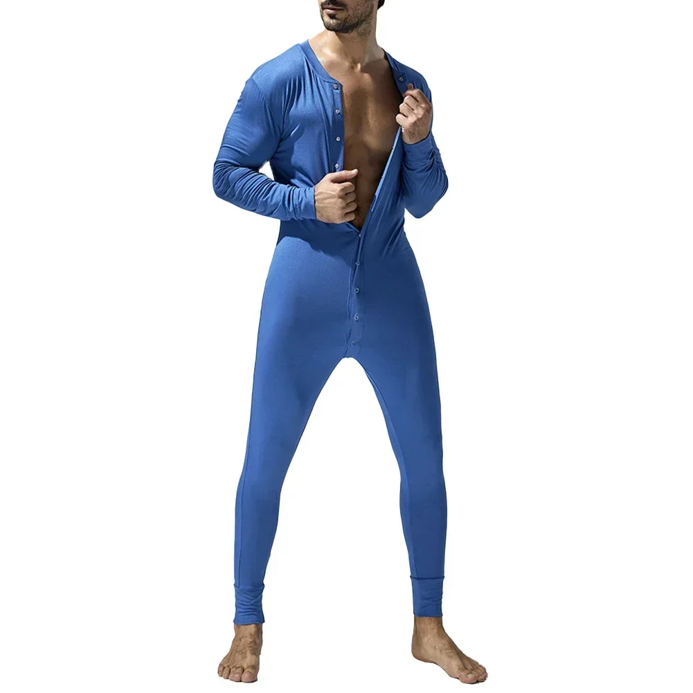 Men Jumpsuits Bodysuits Pajamas Button Down Long Sleeve Sleepwear M-XXL