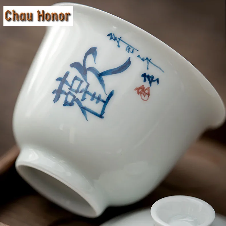 180ml White Porcelain Tureen Single Hand Painted Calligraphy Covered Bowl Tea Cup Tea Making Bowl Cup With Cover Kung Fu Tea Set