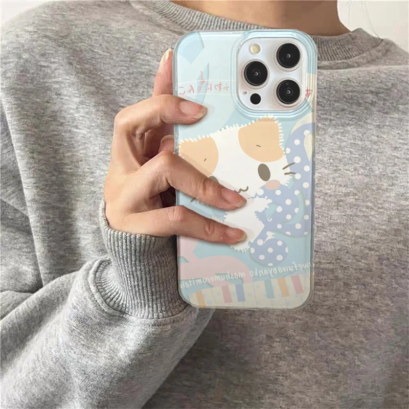 White Double-Layer Musical Note Patch Kitten Phone Case