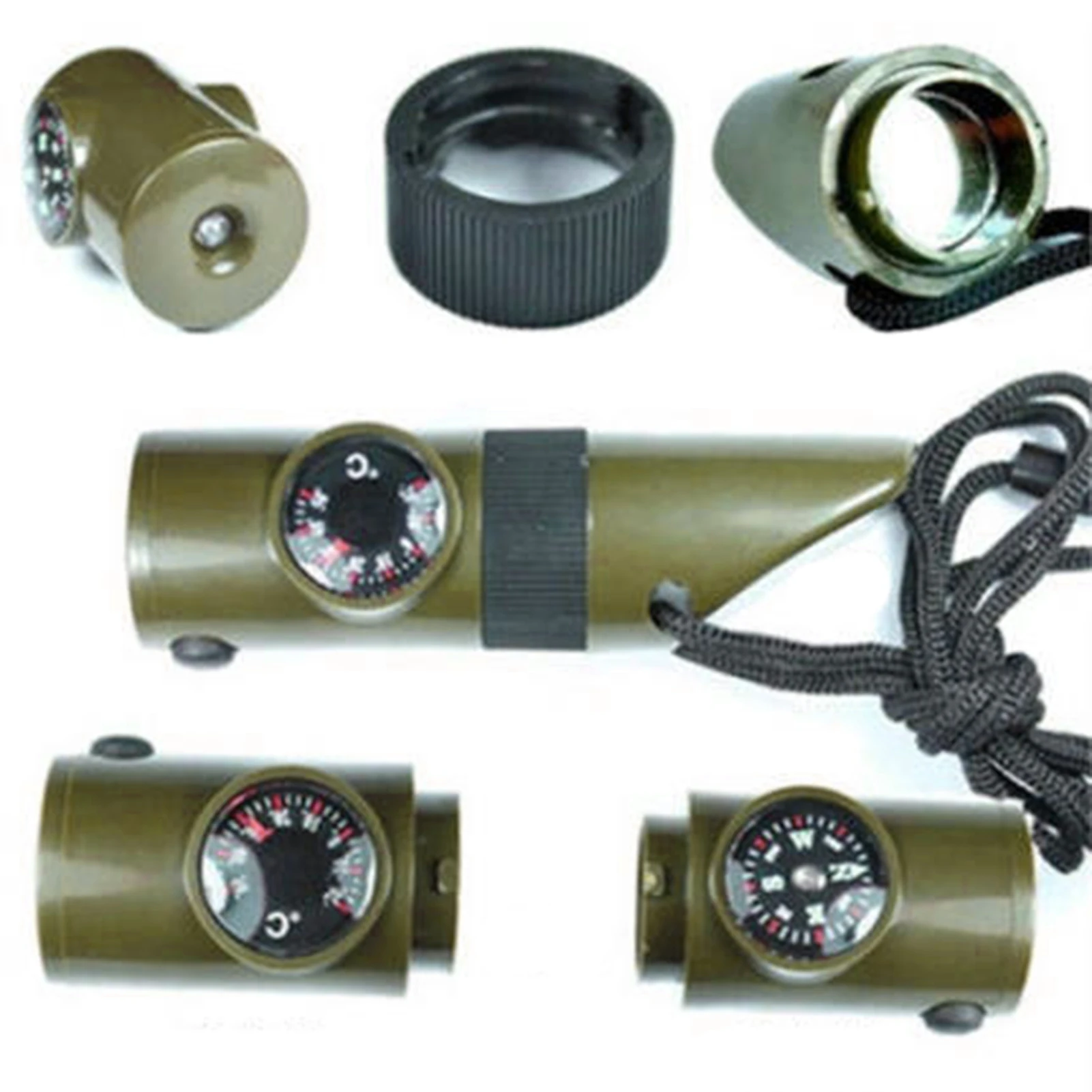 7 In 1 Whistle Survival Bushcraft Trekking Whistle Compass Mirror Torch Magnifier Led Light Thermometer Storage Compass Tools