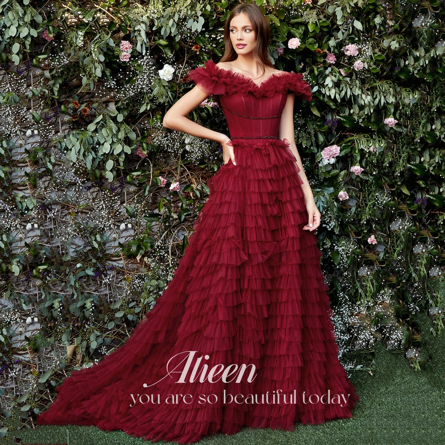 

Aileen Tailing Wedding Guest Dresses for Women Evening Dress Party Evening Elegant Luxury Celebrity Layered Mesh Line A Deep Red