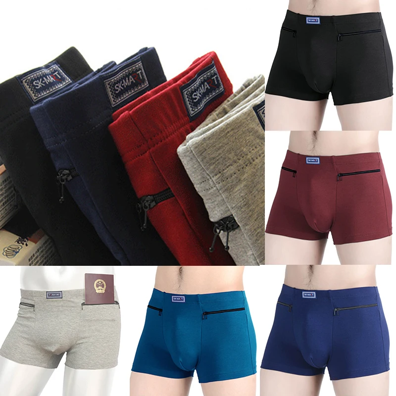 Men's Pockets Underwear Anti-Theft Briefs Boxer Panties Two Zippers Pockets Cotton Underpants Male Boxers Briefs Booty Shorts boxer briefs mens underwear boxer shorts boxer underwear mens boxer briefs boxing shorts underwear men underwear