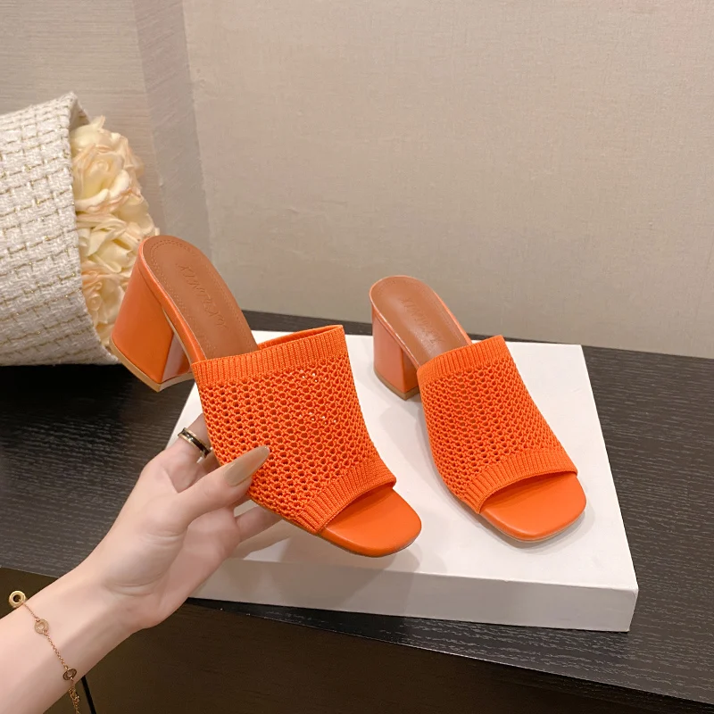 Women's Sandals Summer Women Slippers Thick Heel Sexy Square Toe Dress Party Shoes High Heels Knitting Casual Pumps Large size42
