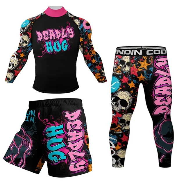 Nouveau crâne MMA Compression Rashguard T-Shirt + ensemble short et haut Bjj protections Jiu Jitsu chemises Muay Thai entraînement boxe vêtements costume 1