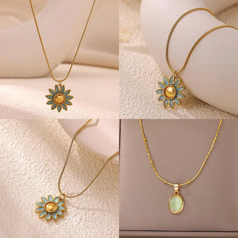 Elegante Emaille Sonnenblumen Anhänger Halsketten für Frauen Gold Farbe Edelstahl Sonnenblumen Halskette Praty Weihnachten Schmuck Geschenke
