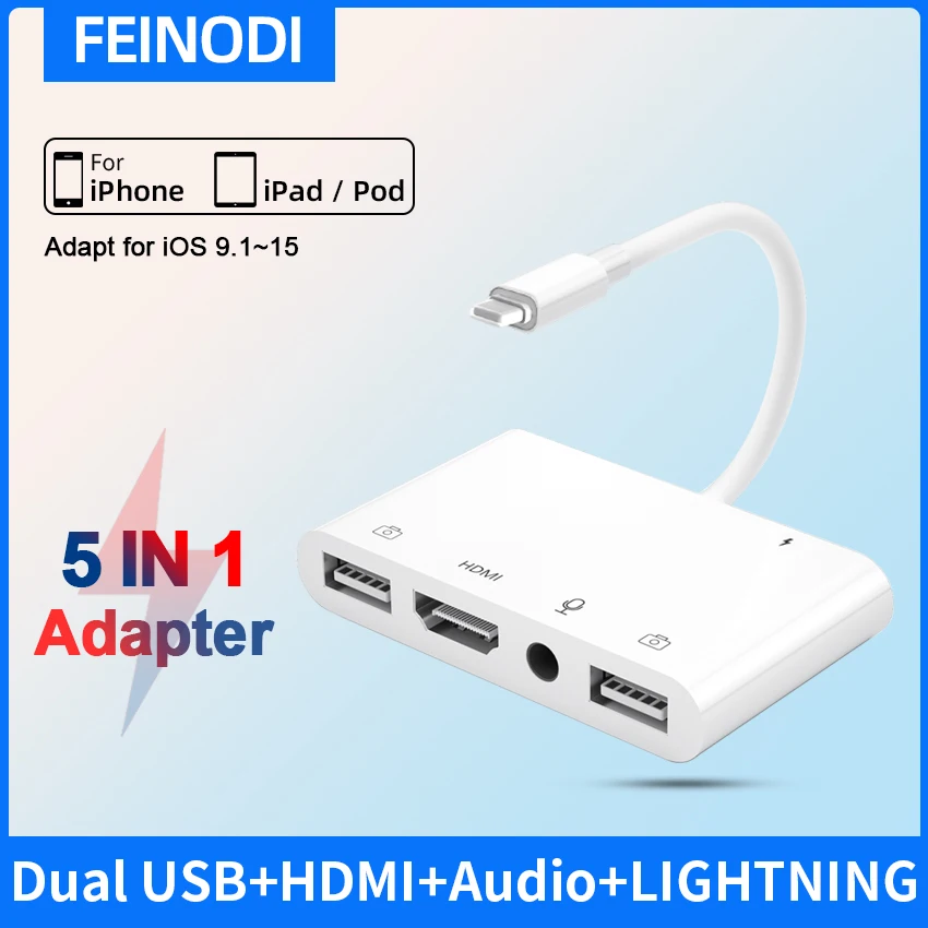 Light-ning to HDMI Digital Av Adapter Dual USB/OTG Hub for i-Phone