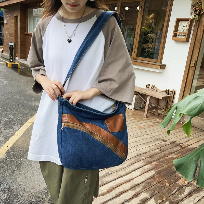 Denim Crossbody Bag Personalized Trendy Design Summer New Large Capacity Student Crossbody Bag Casual Phone Pouch Purse Storage