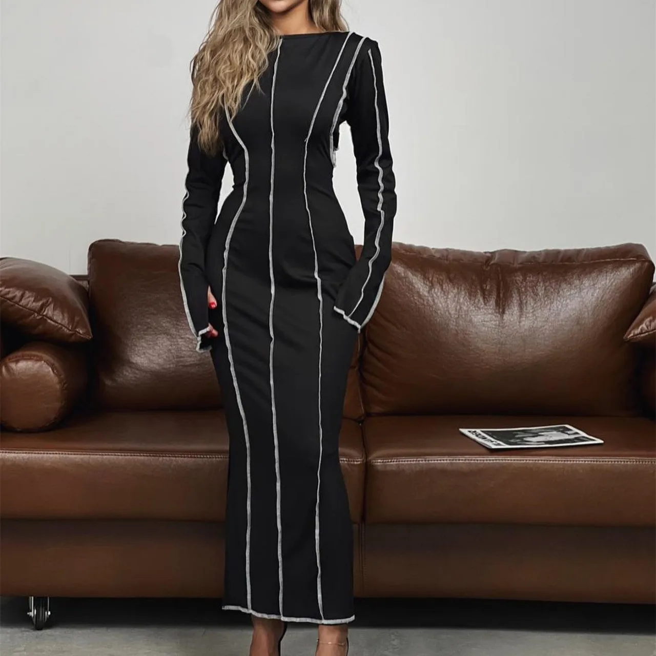

Fashion new sexy round neck long sleeve dress