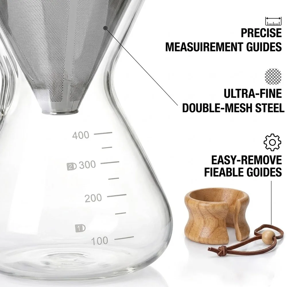 Pour Over Coffee Maker Set, Glass Carafe with Reusable Steel Filter, Wood Collar, Cleaning Brush & Cloth Brewer Kit