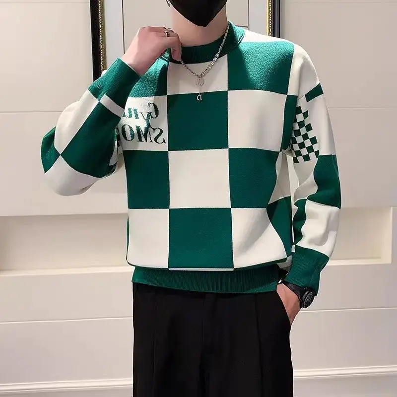New Men's Fashion Round Neck Patchwork Sweater Autumn Winter Contrast Color Printed Letter Long Sleeve Loose Casual Knitted Tops