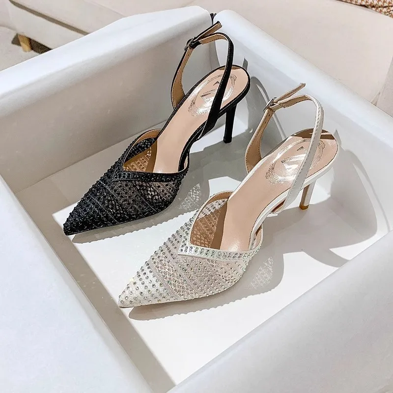 

Spring and Summer New Pointed Shallow Mouth Lace Rhinestone Single Shoes Thin High Heels Banquet Dress Size Women's Sandals