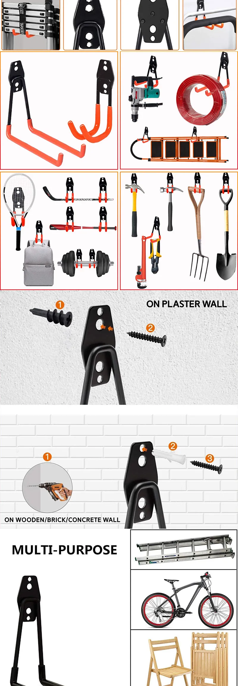 Description Picture 4 of itemHeavy Duty Metal Hook Storage Hook Practical Broom Mop Rack Wall Mounted Tool Garage Hook Organizing Tool Orange Black 1PC