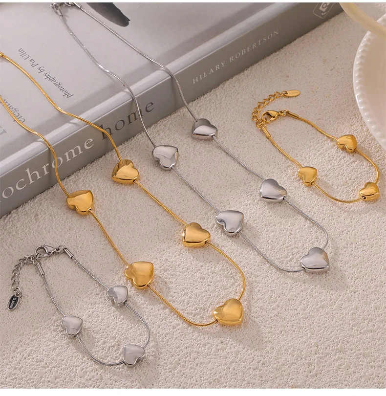 Niedliches Herzförmiges Anhänger-Halsketten- und Armband-Set, Damen Edelstahl Vergoldeter Luxus Hochzeitsschmuck Zubehör Großhandel – Detail 7