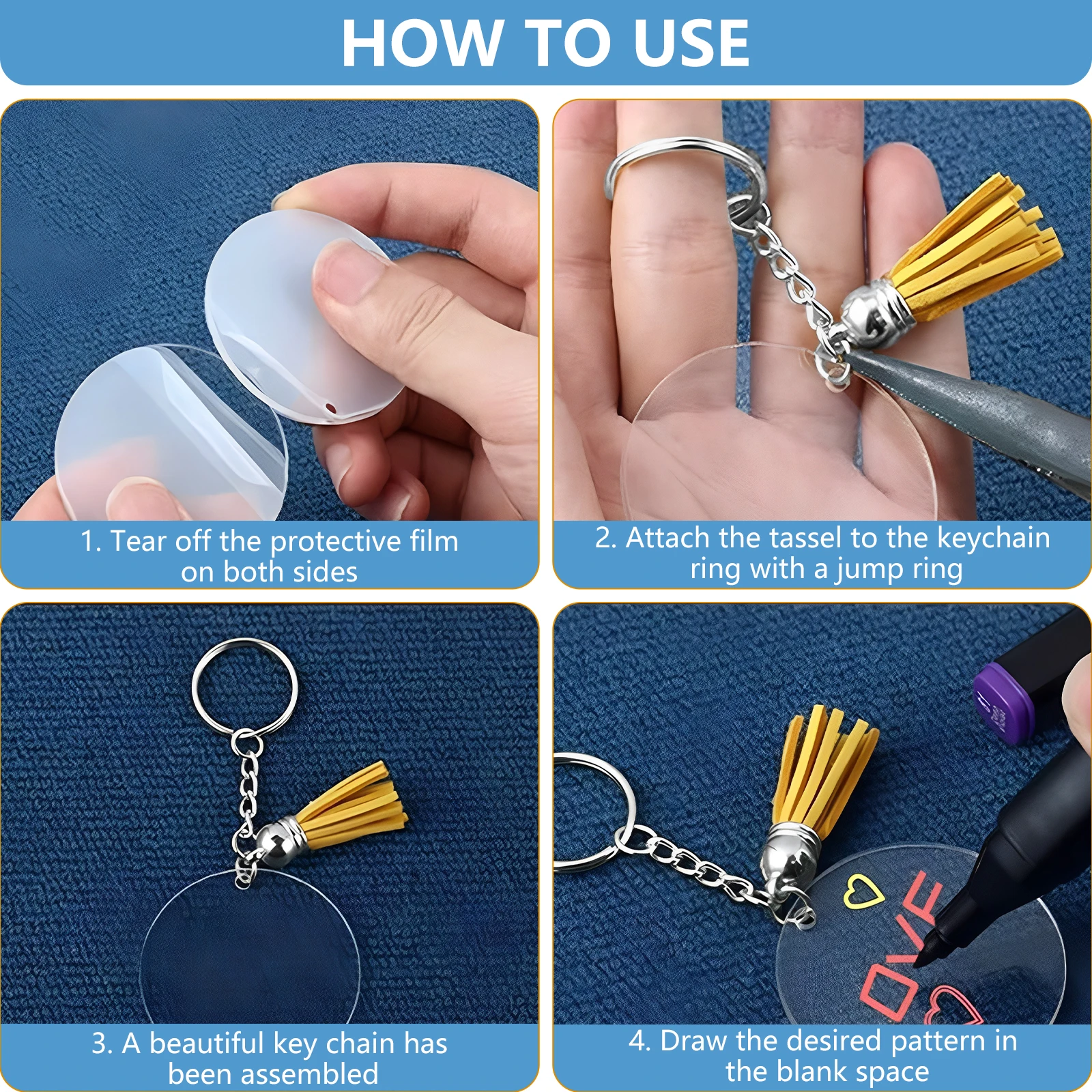 New 30Pcs Sublimation Keychain Blanks DIY Sublimation Blank Keychain with Tassels and Jump Rings Blank Key Chains